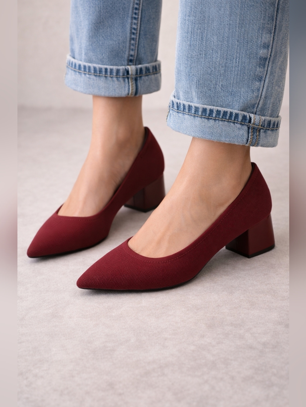 Pointed Toe Low Block Heels in Deep Wine